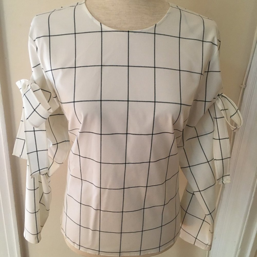 Zara  Grey & White Check Tie-Sleeve Blouse